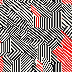 Dynamic optical illusion seamless pattern with bold stripes and red accents