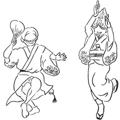 観光/四国徳島県の阿波踊り[女踊りと男踊りの手描き線画カットイラスト]セット＿モノクロ
