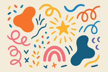 Colorful abstract shapes and lines with star and rainbow for creative design and decoration