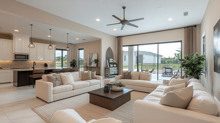 Transitional living room with comfortable furnishings, soft colors, and modern design elements. 