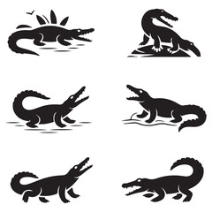 Crocodile design on white background. Wild Animals. Reptile. Easy editable layered Vector Black silhouettes illustration.