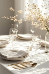Elegant Table Setting with Dried Flowers and Golden Cutlery