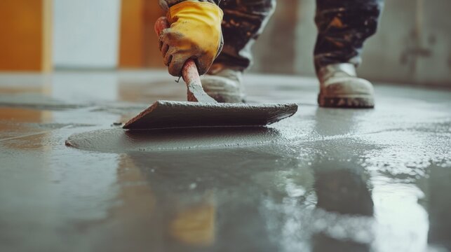 Concrete finisher smoothing a concrete surface. Featuring skill and craftsmanship