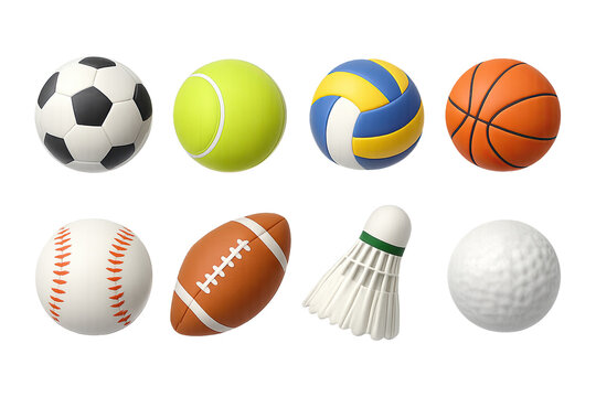 3D icon set of sports equipment: soccer ball, football, basketball, tennis racket, baseball bat, baseball glove, golf club, badminton shuttlecock. 3d icon set isolated