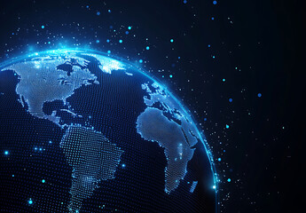 Digital earth globe illuminated with blue light on a dark background
