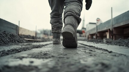 Concrete finisher smoothing the surface of a freshly poured sidewalk. Featuring skill and precision
