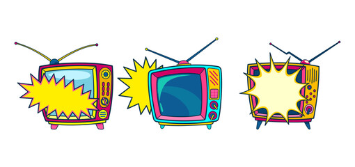 Comic retro tv icon in pop art retro comic style. Cartoon vintage 70s, 80s television. Vector illustration