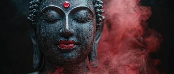 Serene statue with red details immersed in swirling vibrant red smoke for a calming spiritual mood