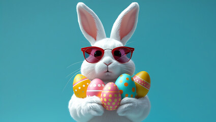 Fototapeta premium Stylish Easter bunny dressed for spring fun, wearing retro pink sunglasses and holding colorful speckled eggs against a turquoise backdrop. A modern twist on classic holiday charm and cuteness