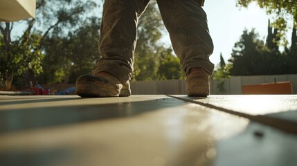 Concrete worker applying finishing touches to a driveway. Featuring detail and focus