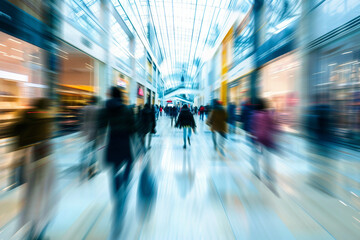 Busy crowded shopping mall interior with blurred people movement created using generative AI