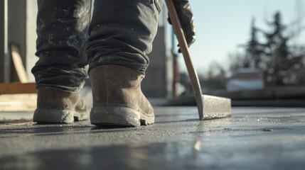 Concrete worker finishing a concrete slab with a float. Featuring focus and technique