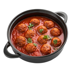 Fototapeta premium Meatballs in tomato sauce in a black pot isolated on white background.