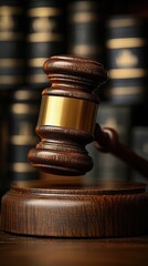 A wooden gavel sits on a block in front of a wall of old books. Authority and law