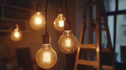 Obraz premium Electrician replacing faulty light bulbs in an office. Featuring electrical maintenance and safety