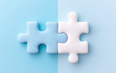 Fototapeta premium Puzzle pieces in blue and white colors symbolize connection and collaboration, representing journey to success