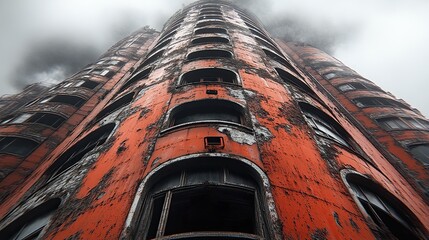 An abandoned, decaying, orange-hued architectural marvel.