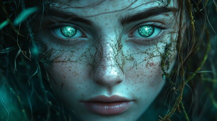 Fototapeta premium A mesmerizing ethereal forest goddess with glowing emerald eyes, intricate vines and moss growing on her skin, bioluminescent freckles, enchanted mystical aura