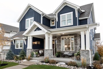 Fototapeta premium Architectural Elegance: Captivating exterior of a modern home, showcasing a harmonious blend of stone and wood, designed with contemporary and stylish aesthetic