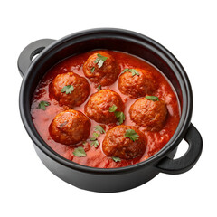 Meatballs in tomato sauce in a black pot isolated on white background.