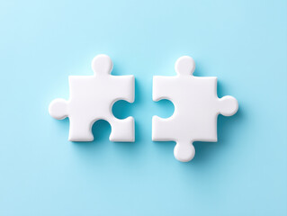 Two white puzzle pieces on light blue background symbolize problem solving and connection, evoking sense of creativity and collaboration
