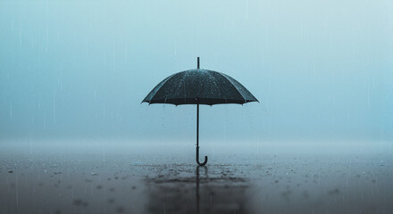 Black Umbrella over Water &ndash; Concept of Protection, Loneliness and Silence

