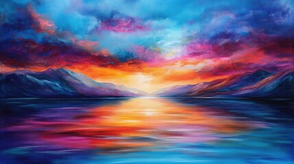 Fototapeta premium Sunset over the sea with silhouettes of distant mountains and colorful clouds mirrored on the water surface