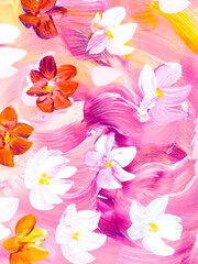Abstract red and white flowers, original hand drawn, impressionism style, color texture, brush strokes of paint, art background