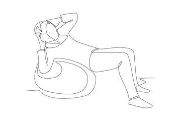 Muslim woman wearing hijab doing pilates. Hijabi pilates concept one-line drawing