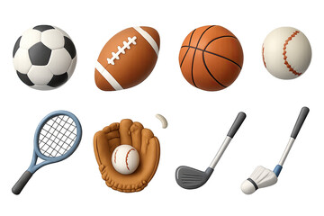 3D icon set of sports equipment: soccer ball, football, basketball, tennis racket, baseball bat, baseball glove, golf club, badminton shuttlecock. 3d icon set isolated