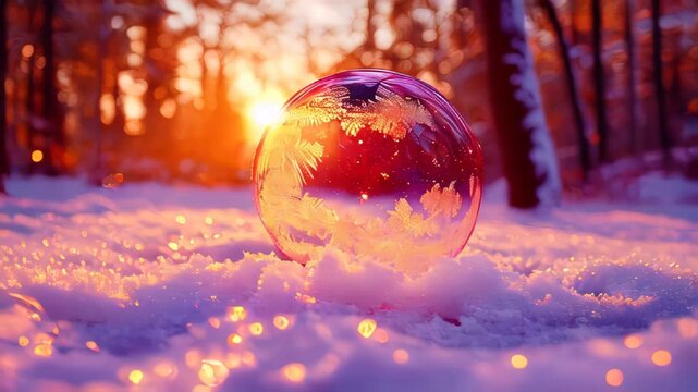 A frozen bubble with frosty patterns glistens in the snow at sunset, creating a serene winter scene with warm golden hues