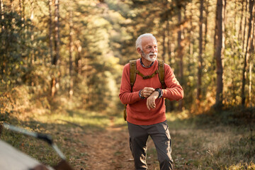 Obraz premium Senior Man Hiking Through Forest Checking Smartwatch on a Bright Autumn Day