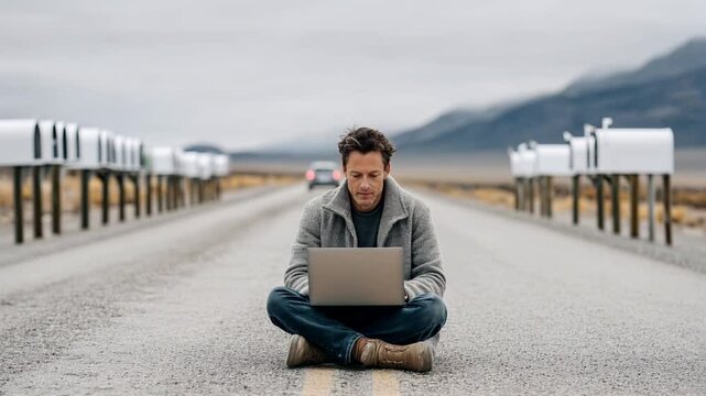 A man sits on the road and works on a laptop, surrounded by white mailboxes on both sides of an empty highway in the desert. Suddenly a car passes by. Concept of working outside the office.
