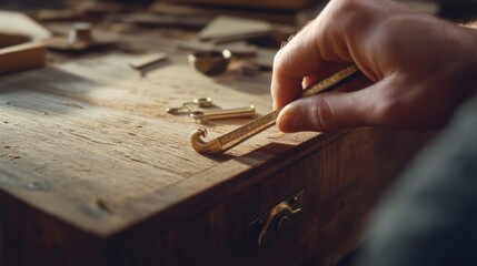 Carpenter measuring wood for furniture project. Featuring attention to detail and precision