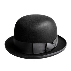A black bowler hat with a ribbon sits on a black background