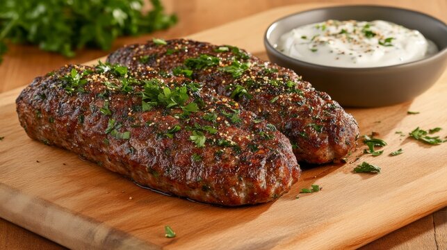 Tender grilled kofta skewers rest on a rustic wooden cutting board, complemented by fresh parsley, cumin seeds, and a creamy yogurt dip, ready for enjoyment