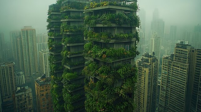 Lush vertical gardens adorn modern city skyscrapers in a misty urban landscape.