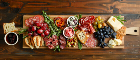 Top view board with variety of fresh meats, cheeses and vegetables