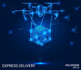 Drone delivery hologram. Drone delivery is made of polygons, triangles, dots, and lines. Drone delivery is a low-poly compound structure. Technology concept vector.