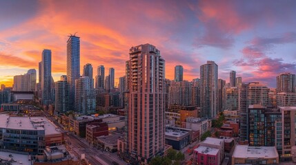 Fototapeta premium Vibrant sunset sky reflected in skyscraper windows of a modern cityscape from a wide angle view