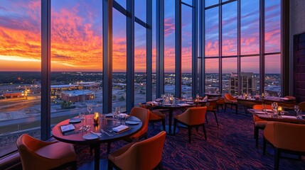 Fototapeta premium Vibrant sunset sky reflected in skyscraper windows of a modern cityscape from a wide angle view