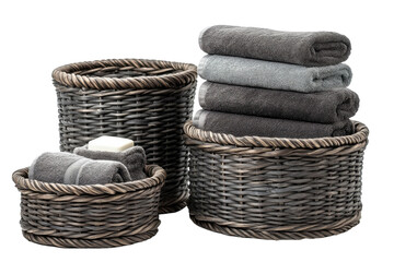 Obraz premium Elegant gray towels and soap in rustic woven baskets a spa like bathroom setup with dark on transparent background