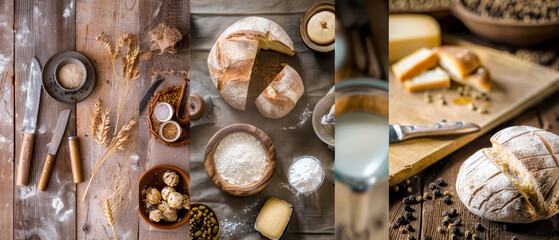 The image is collage of different artisan bread and cheese, art and craft concept