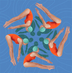 Composite image. Optical illusion of synchronized divers in red swimsuits creating spiraling...