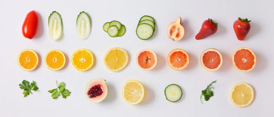 A row of fresh fruit slices, including oranges, lemons and grapefruit