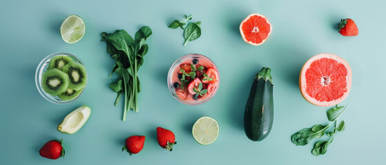 A colorful assortment of fruits and vegetables are displayed on a table