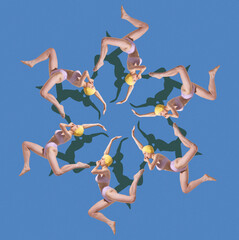 Conceptual artwork. Swimmers in purple suits and yellow caps arranged in circular symmetry to evoke surreal motion illusion. Concept of summer, vacation, holidays, sport, fashion and style.