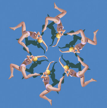 Fototapeta Conceptual artwork. Swimmers in purple suits and yellow caps arranged in circular symmetry to evoke surreal motion illusion. Concept of summer, vacation, holidays, sport, fashion and style.
