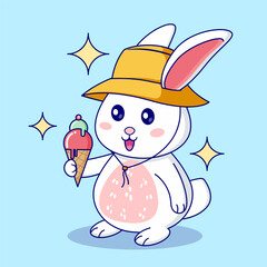 Adorable cartoon bunny wearing a yellow hat and holding an ice cream cone on a blue background. Cute summer animal illustration perfect for kids, posters, and playful seasonal designs.