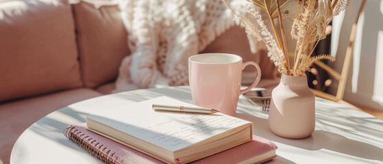 Pink notebook on table with pink mug and vase of flowers, soft natural light